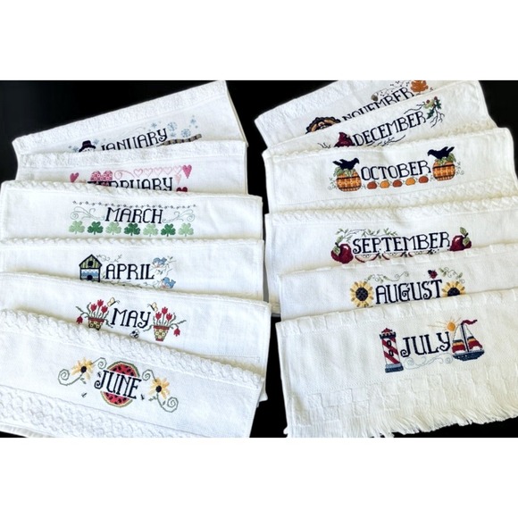 Handmade Other - Vtg Cross Stitch Completed All 12 Months of the Year Dish Towels NEW